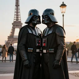 bb - 8 and darth vader hugging on a street in paris during golden hour, hyperrealistic, hyperdetailed, photorealistic, 8 k,