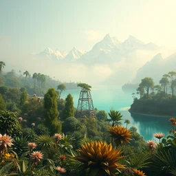 a paradise garden, a land of the dead, divine, hazy, volumetric lighting, snowy summits in the background, vast turquoise lake, lush flora, empty, spacetime bending, very detailed, serene, gold accents, washed out colors, beautiful digital artwork, photorealistic, master level composition, raytracing