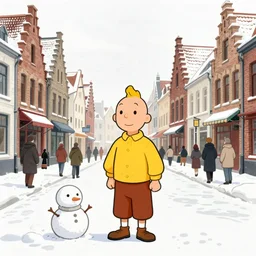 tintin and snowy in a belgian 1 9 5 0 s street, drawn by herge in a ligne claire style with simple lines and bold colours
