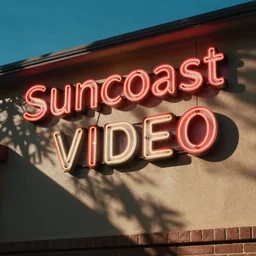 the exterior of a Suncoast Video, neon lettering