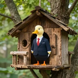 duck with a suit standing in a treehouse surrounded by stupid memes