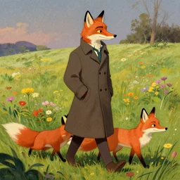an anthropomorphic fox man wearing a long coat walking another fox across a field of flowers, hands in pockets, character illustration by Aaron Miller, Greg Rutkowski, thomas kinkade, Howard Pyle, disney, El Greco, Cynthia Sheppard