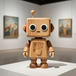 ultra realistic 8k octan photo wooden art toys cute robot on a contemporary art gallery