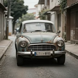 an ugly old car driving in a narrow road, award winning photo, 4 k, photolab