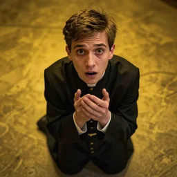 A terrified young catholic priest in black garb kneeled in passionate prayer. His eyes are wide open with fear. Ominous dramatic yellow lighting. Close-up shot from above, 4K photograph, 85mm sigma Art Lens