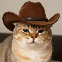 a meme photo of a sad cat wearing a cowboy hat