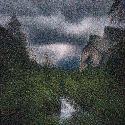 a photograph by Ansel Adams of a thunderstorm over a forest valley with a waterfall