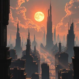 a futuristic city under a dying sun, highly detailed, digital painting, trending on artstation, smooth, sharp focus, bright, masterpiece, stunning concept art by ruan jia and jakub rebelka and greg rutkowski and artgerm and moebius