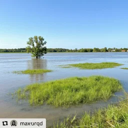 flooded plains landscape. clear sunny day at noon. elevated grass islands up close. one tree. flood waters. max rive, 4 k, instagram, landscape, hdr