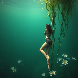 a beautiful effervescent lake with lillies, an underwater goddess climbs the sea kelp to reach the surface, she wears a swimming costume by edward hopper, klimt gothic, where the wild things are, made in hyperrealistic 3 d, dark green colours