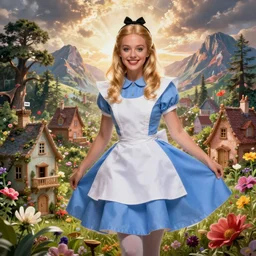 giant alice in wonderland, pin up, houses, trees, mountains, woman, city, digital art, photo, blue dress, photoshop, flowers, collage