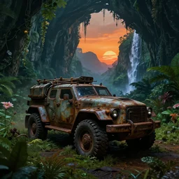 a sci fi rusty and dirty military vehicle in a prehistoric jungle cave, lush flora, waterfall, mountains, flowers, vines, orange sky, dark blue, green, sunset, hazy, volumetric lighting, rtx on, photorealistic render, beautiful, stunning, ultra - detailed