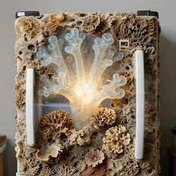 realistic product photo of a fridge designed covered in shriveling dead semi - translucent iridescent coral reef, emitting aura, the lighter is designed by dieter rams, 1 9 6 0, life magazine photo, natural colors, metropolitan museum, kodak, 8 k, very detailed, high resolution, product photo,