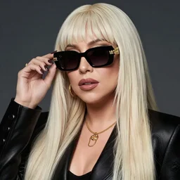 lady gaga just dance poker face era the fame 2 0 0 8 2 0 0 9 photoshoot, wearing versace 6 7 6 sunglasses, long platinum blonde hair with bangs fringe, grace jones fashion, highly realistic. high resolution. highly detailed. dramatic. 8 k. 4 k.