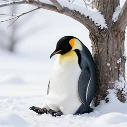 penguin sitting and sleeping underneath a tree, snowy winter landscape