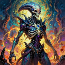 a psychedelic scene of omin dran skeletal mind flayer psion, vibrant color scheme, highly detailed, in the style of romanticism, cinematic, artstation, moebius, greg rutkowski