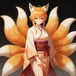 A beautiful anime-style digital concept portrait of a beautiful young sorceress with fox ears and nine fox tails wearing a kimono, by Stanley Artgerm Lau, WLOP, Rossdraws, LeraPi, and Sakimichan, trending on ArtStation, deviantart, SFW version