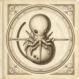 life book cover antique circle decorated with the sigil symbol of an embryo xenomorph face hugger emblazoned on the cover, rendered in octane, ultra detailed, in focus, 8 k