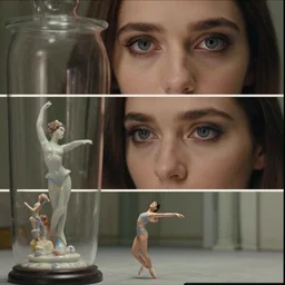 beautiful three point perspective film still of holly herndon dance scene in merce cunningham, extreme closeup portrait in style of frontiers in blade runner miniature photography fashion architectural art studio seinen manga edition, real - life porcelain fairy statue in victorian glass jar, eye contact, anatomically correct, pointe pose, tilt shift background, soft lighting, kodak portra 4 0 0, 8 k, macro, cinematic style by emmanuel lubezki