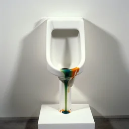 upside - down urinal on a white pedestal, color bleed, ektachrome by marcel duchamp, contemporary art, academic art, surrealist