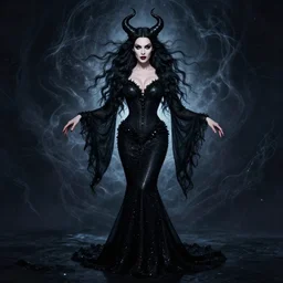 style of abigail larson : : gorgeous willa holland : : evil witch, swirling black magic, black dress : : symmetrical face, symmetrical eyes : : full body pose : : gorgeous black hair : : magic lighting, low spacial lighting : :
