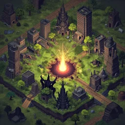 isometric rpg game - finding the demonic rift in the overgrown post-apocalyptic city