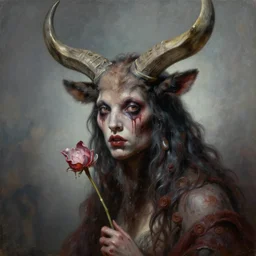 highly detailed sharp focus extremely hyperrealistic horrifying creepy 3 / 4 portrait oilpainting of minotaur lady portrait by michael hussar in style of michael hussar and rene lalique 8 k