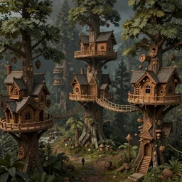 treetop elf village made up of treehouses and connected by rope bridges. Elaborate fancy wood-carved decorations. Ground level view looking at the canopy. Dark fantasy atmosphere. Detailed matte painting trending in artstation