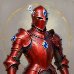 rococo style painting of crimson full plate armor with azure lining and studded with saphire worn by elven king, helmet, magic, intricate, crystal, 8 k, artstation trending, masterwork