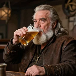 Portrait of Danny Devito as a Dwarven Axeman with a white beard, He is drinking beer at a tavern, realistic, detailed, 4k by Greg Rutkowski Mark Arian trending on artstation