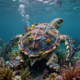 a stunning ultra detailed underwater fantasy fine art photo of a giant robotic turtle in the style of tlingit art, overgrown with colorful seaplants, by tomasz alen kopera and anna dittman, water bubbles, very detailed, back view, deep depth of field, 5 0 mm lens, soft lighting, artstation, highly coherent, 8 k
