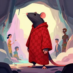 tribal leader half rat, made of red gucci fabric, otherworldly sea cave, pixiv fanbox, dramatic lighting, maximalist pastel color palette, splatter paint, pixar and disney exploded - view drawing, graphic novel by fiona staples and dustin nguyen, peter elson, alan bean, wangechi mutu, clean cel shaded vector art, trending on artstation
