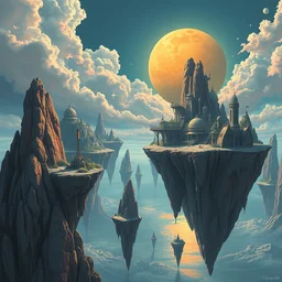 floating islands by beeple, artgerm, salvador dali, bruce pennington, frank, stella, makoto shinkai, angus mckie, alex grey, don bluth, gediminas pranckevicius, chris moore, kaja foglio, andre masson, dr. suess, brian despain, chesley bonestell. symbolism, surrealism,