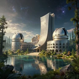 a beautiful ultradetailed rendering of observatory nature city architecture abandoned by frank gehry, sunny elysian wilderness lake retro sunlight apocalyptic earth dramatic lighting atlantis forest nature retrowave galactic darkacademia, archdaily, wallpaper, highly detailed, trending on artstation.