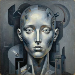 a portrait headshot of sci fi metallic human, bright eyes, melancholic complex geometric figure liminal machinery by oskar schlemmer, moebius, john berkey, teamlab, richard serra, oil on canvas, portrait facial head, featured on artstation, hd wallpaper