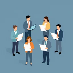 A small group of miniature professional people standing holding computers and white papers, isometric, highly detailed, sharp lines, angular 16-color