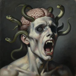 an oil on canvas painting of a screaming decapitated man's withered face and blank eye sockets with biting serpents swarming out of his exposed brain, a surrealist painting, polycount, surrealism, surrealist, lovecraftian, cosmic horror