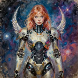 holy young female battle robot award winning portrait symmetry faded tetrachromacy colors astral background tim hildebrandt wayne barlowe bruce pennington donato giancola larry elmore masterpiece trending on artstation cinematic composition beautiful lighting hyper detailed!!! 8 k oil on canvas