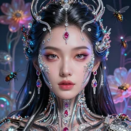 very beautiful woman integrating with technology, full face frontal centered, portrait, insipiring, detailed intricate ornate cables connected to head, big eyes, luxurious detailed abundent wiring and implants, diamonds, ruby, scifi, neon, glow, lucious shinny hair, detailed background with cyber flowers and insects, highly detailed, artstation, 8 k