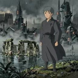 a realistic and atmospheric cell - shaded concept art from howl's moving castle ( 2 0 0 4 ) of a grey monk standing in a futurist sci - fi city that looks like stonehenge in a flooded rainforest. it is a misty starry night. very dull muted colors, hd, 4 k, hq