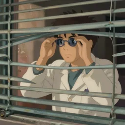 hyperrealist, studio ghibli dull colors from close encounters of the third kind 1 9 7 7 of a scientist looking through venetian blinds.