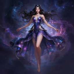 a highly detailed illustration of elegant goddess wearing cosmic galxaxy patterned dress, elegant floating pose, beautiful detailed figure, nebula background, intricate, elegant, highly detailed, centered, digital painting, artstation, concept art, smooth, sharp focus, league of legends concept art, wlop