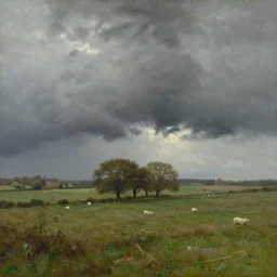 artwork of the cinematic view of a landscape of normandy by john howe, thundery weather, couple of groves, sheep pasture, landscape view