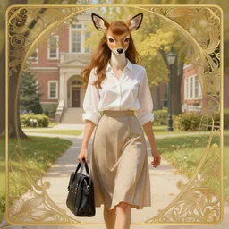 beautiful portrait commission of a shy female furry anthro whitetail deer fursona wearing a white blouse and a knee-length skirt, holding a bookbag while walking through a college campus, intricate, elegant, highly detailed, digital painting, artstation, concept art, smooth, sharp focus, illustration, art by Krenz Cushart and Artem Demura and alphonse mucha