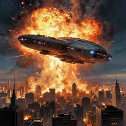 an alien mothership crashlands into a sprawling metropolis, gigantic explosions, digital painting masterpiece, concept art, 4 k wallpaper, beautiful, advanced lighting technology, intense cinematic quality, by thomas kinkade and moebius