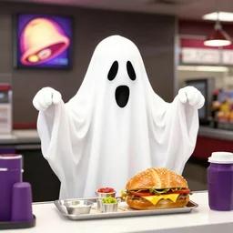 spooky ghost working at Taco Bell