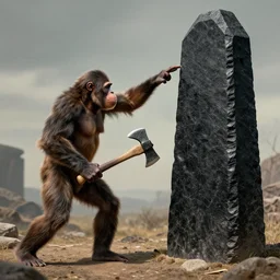 An early hominid shaking a stone axe at a giant black obelisk
