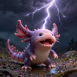 highly detailed shocked Axolotl hit by lightning from the sky in a small puddle, thunder, dramatic, dark, fantasy, digital art, hyperrealistic, cinematic lighting, Greg Rutkowski, Trending on Artstation, highly detailed