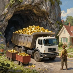 classic oil painting, a dump truck mining for gold in a deep cave with mining carts and gold nuggets, as a dnd character, on a sunny populated suburban street, cottagecore, highly detailed, digital illustration, concept art, smooth, sharp focus, art by greg hildebrandt, and tim hildebrandt
