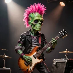 a singular Punk rock Frankenstein with a pink mohawk playing guitar